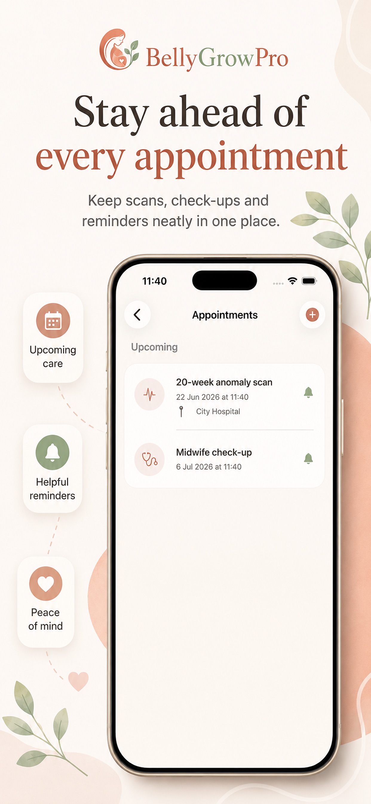BellyGrowPro Appointments — scans and midwife visits with reminders.