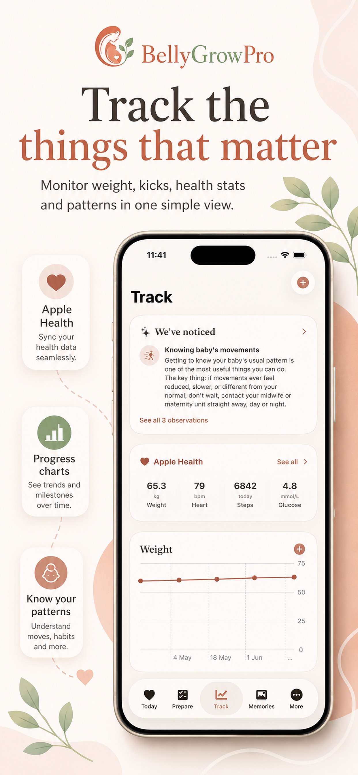 BellyGrowPro Track — symptoms, mood, weight and Apple Health in one place.