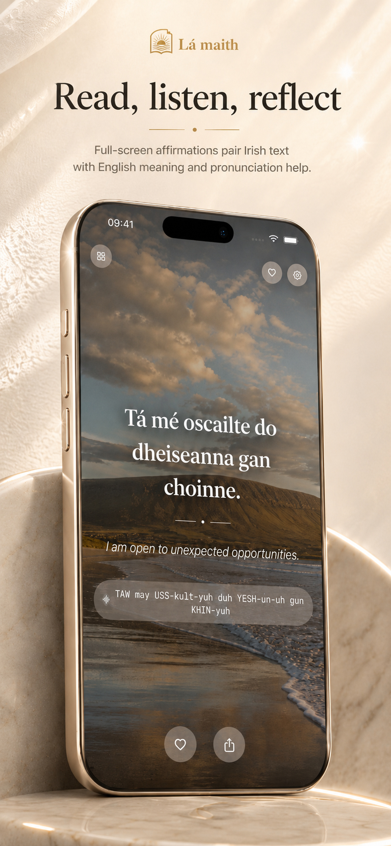 Read and listen — each Irish saying paired with a soft audio reading.