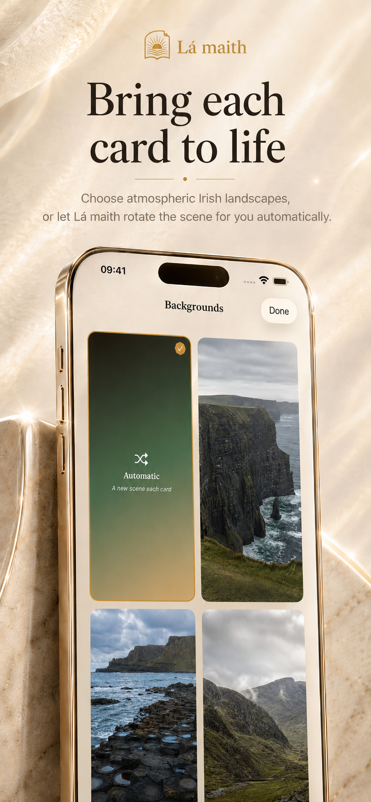 Bring each Irish affirmation card to life with gentle animations and scenic photography of Ireland.